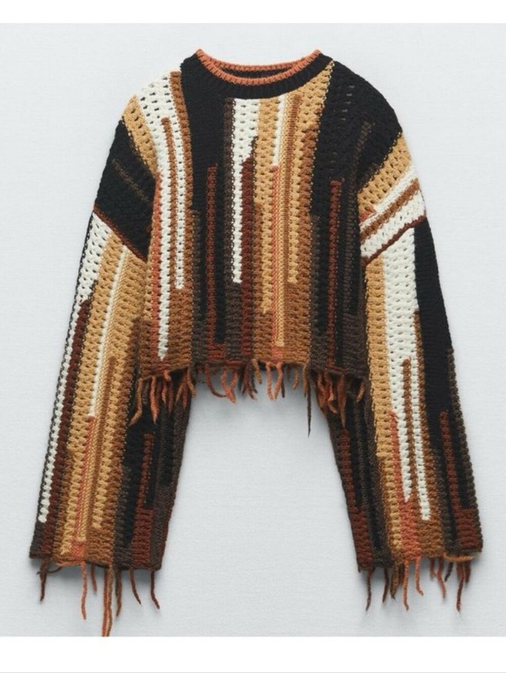Zara Cropped Fringe Trim Sweater Wide Sleeve Crochet Knit Long Sleeve Brown XS